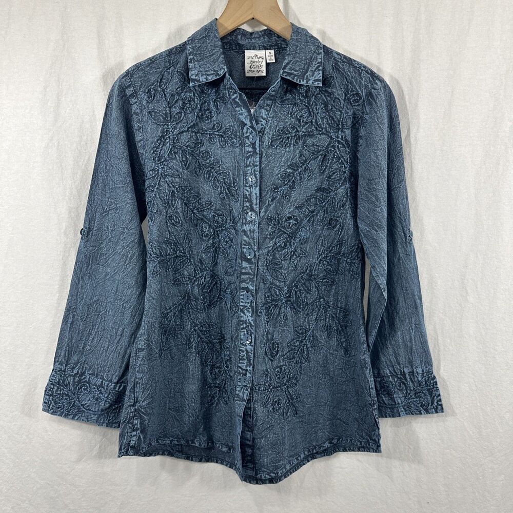 Parsley & Sage Blue Embroidered Button Top